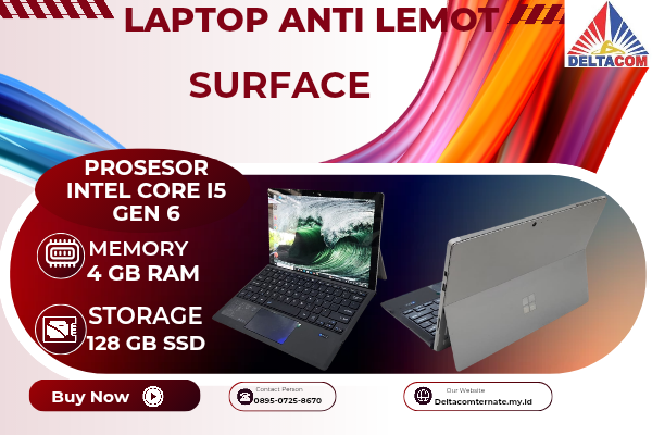 SURFACE , TYPE BARU BODY SLIM, PROSESOR INTEL CORE I5 GEN 6 MEMORY RAM 4 GB STORAGE SSD 128 GB DISPLAY 13 INCH MULUS, WARNAH SILVER, LECET SDIKIT,